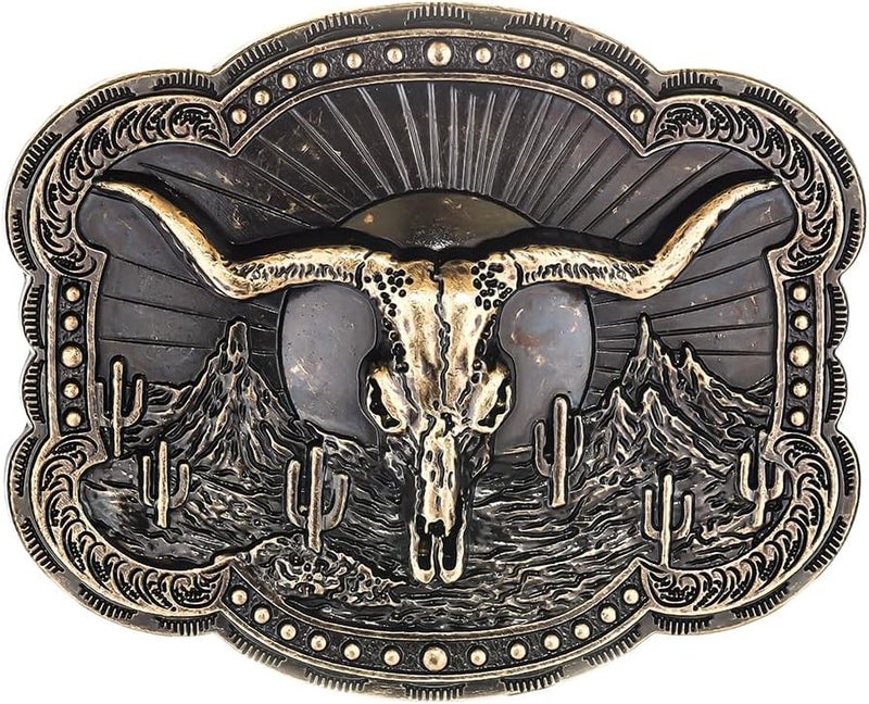 YOQUCOL American Western Cowboy Belt Buckle Bronze Longhorn Bull Head Belt Buckle For Men - Image 1